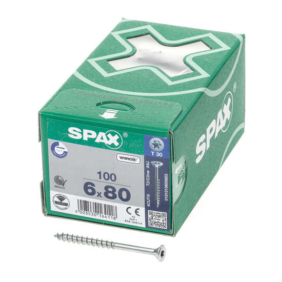 Afbeeldingen van Spax Spaanplaatschroef platverzonken kop verzinkt T-Star T30 deeldraad 6.0 x 80mm