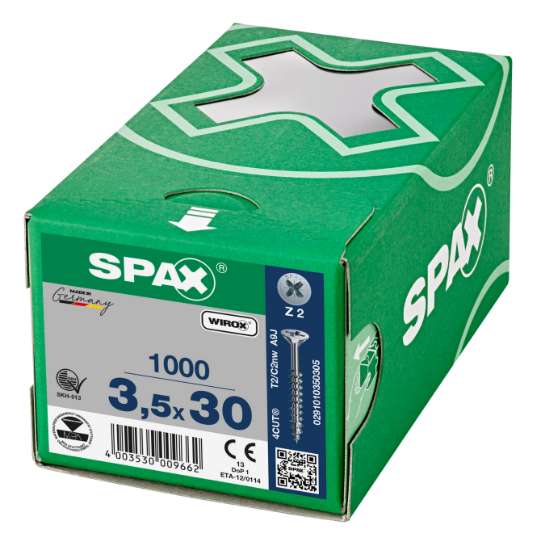 Afbeeldingen van Spax Spaanplaatschroef platverzonken kop verzinkt pozidriv deeldraad 3.5x30mm (per 1000 stuks)