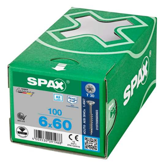 Afbeeldingen van Spax Spaanplaatschroef platverzonken kop RVS T-Star T30 deeldraad 6.0x60mm (per 100 stuks)