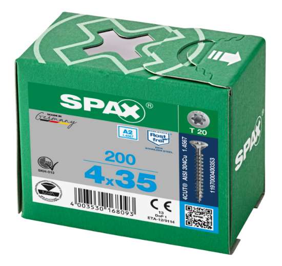 Afbeeldingen van Spax Spaanplaatschroef pk 4.0x35mm RVS T20 voldraad