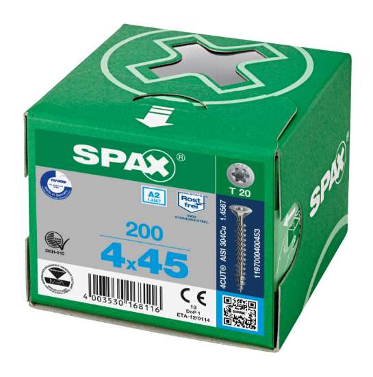 Afbeeldingen van Spax Spaanplaatschroef platverzonken kop RVS T-Star T20 voldraad 4.0x45mm (per 200 stuks)