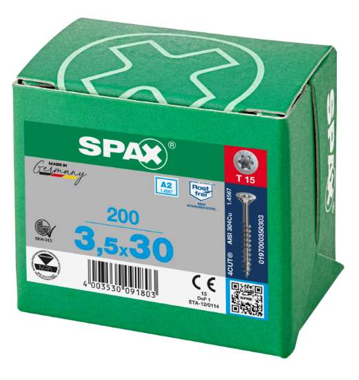 Afbeeldingen van Spax Spaanplaatschroef platverzonken kop RVS T-Star T15 deeldraad 3.5x30mm (per 200 stuks)