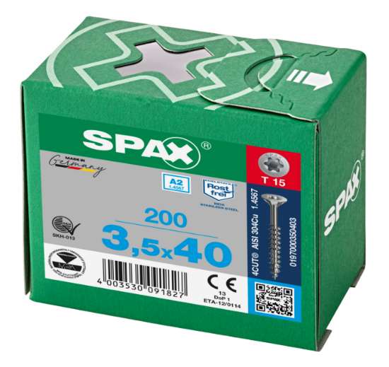 Afbeeldingen van Spax Spaanplaatschroef platverzonken kop RVS T-Star T15 deeldraad 3.5x40mm (per 200 stuks)