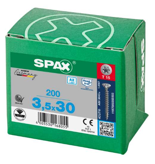 Afbeeldingen van Spax Spaanplaatschroef platverzonken kop RVS T-Star T15 voldraad 3.5x30mm (per 200 stuks)