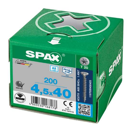 Afbeeldingen van Spax Spaanplaatschroef platverzonken kop RVS T-Star T20 voldraad 4.5x40mm (per 200 stuks)