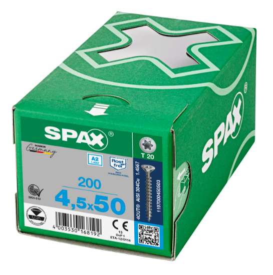 Afbeeldingen van Spax Spaanplaatschroef platverzonken kop RVS T-Star T20 voldraad 4.5x50mm (per 200 stuks)