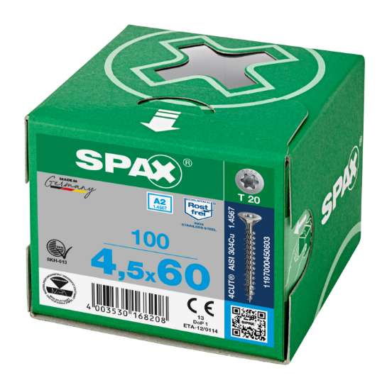 Afbeeldingen van Spax Spaanplaatschroef platverzonken kop RVS T-Star T20 voldraad 4.5x60mm (per 100 stuks)