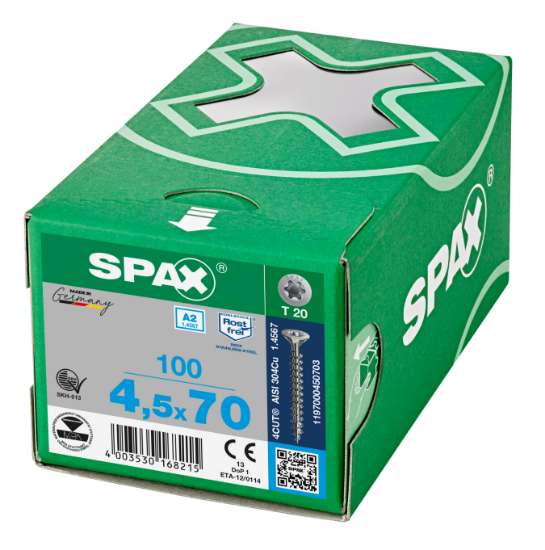 Afbeeldingen van Spax Spaanplaatschroef platverzonken kop RVS T-Star T20 voldraad 4.5x70mm (per 100 stuks)