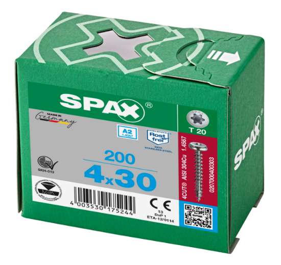 Afbeeldingen van Spax Spaanplaatschroef cilinderkop RVS T-Star T20 4.0x30mm (per 200 stuks)